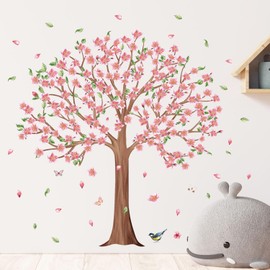 Mirabuy Cherry Blossom Tree Wall Decals, Pink Floral Wall Stickers for Nursery Kids Room Bedroom Living Room Wall Decor, 39.8 x 40.9 inches