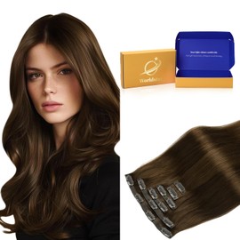 Worldstar Seamless Clip in Hair Extensions Human Hair Natural Straight 14Inch 6Pcs 110g #4 Medium Dark Brown,Suitable for Women Real Soft Human Invisible Clip Hair(EN#4-14)