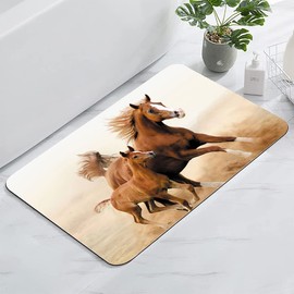 SXCHEN Bathroom Rug,Absorbent Non-Slip Indoor Rugs for Bathtub and Shower Floor,Rubber Backing Print Bath Mat,16" x 24",Running Chestnut Color Wild Horses Galloping Animal Theme