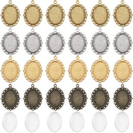 SUNNYCLUE 48Pcs DIY 24Sets Cabochon Bezel Trays Pendant Bezel Blanks Vintage Style Oval Cabochon Bezel Settings Photo Charms Pendant Tray Glass Cabochons for Jewellery Making Charms Grad Cap Tassels