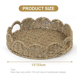 WEAVELYRICS Natural Seagrass Scalloped Tray, Woven Coffee Table Tray with Handles, Round Wicker Decorative Serving Scalloped Trays for Home Decor, Kitchen Counter, Farmhouse and Outdoor