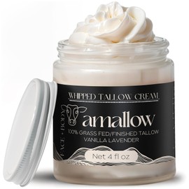 Amallow 100% Tallow de carne de res alimentada con pasto para el cuidado de la piel, cara + cuerpo, hidratante batida, loción natural, 4 onzas líquidas (lavanda vainilla)