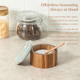 Ftytdefebrero Wooden Salt Cellar with Marble Lid,Salt Container Box Bowl for Countertop,Elegant Salt Holder Jar Dish with Spoon,Kitchen Seasoning Containers for Salt Pepper Sugar Spice Storage,6OZ