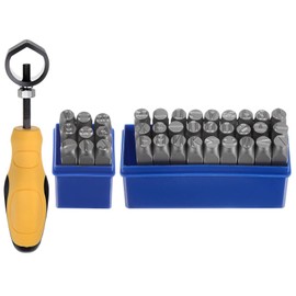 HARFINGTON 36pcs Metal Stamping Kit 25/64" (10mm) (A-Z, 0-8, &" Symbol) Steel Letter Punch Press Tool with Holder to Stamp on Metal, Plastic, Wood, Leather, Silver