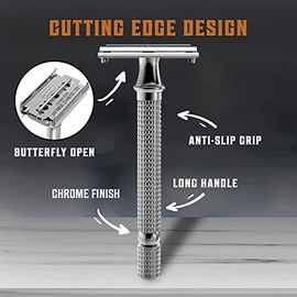 SHAVING REVOLUTION Maquinilla De Afeitar De Seguridad De Doble Filo Con Mango Largo Viking Revolution - Maquinilla De Afeitar Abierta De Mariposa Con 10 Hojas De Afeitar De Seguridad De Doble Filo De