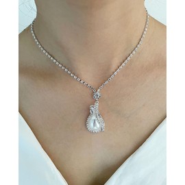 Haraty Bride Wedding Crystal Angel Tear Pearl Necklace Earrings Set Silver Claw Chain Pearl Pendant Choker Necklaces Wedding Bridal Celebration Accessories Jewelry for Women and Girls