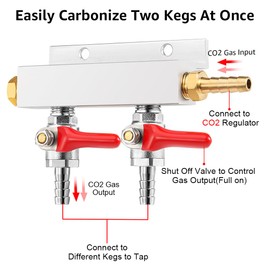 FERRODAY 2 Way Gas Manifold 5/16" Barbed Integrated Check Valves CO2 Distributor Independent Shut Off 2 Way CO2 Manifold Gas Distributor for Home Brew Beer Gas Manifold Kegerator Manifold + 3 Clamps