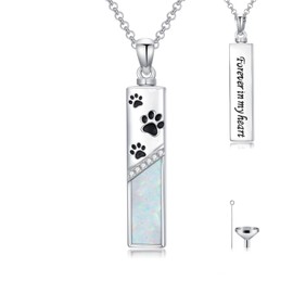 MEIDERBO Pet Urn Necklace for Ashes 925 Sterling Silver Pet Paw Necklaces Opal Cremation Jewelry with Funnel Filler Kit Bar Ashes Necklace for Pets
