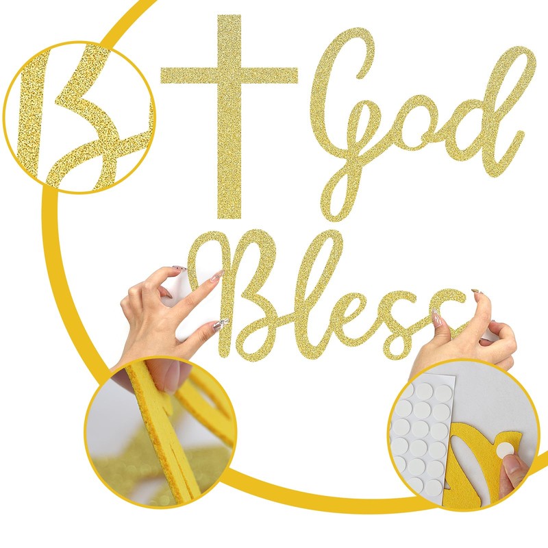 MASTRON God Bless Cross Sign for Backdrop - Glitter Gold