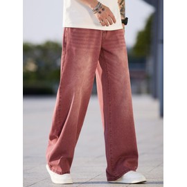 DFGIGT Mens Wide Leg Baggy Jeans Y2k Casual Fashion Loose Denim Pants Work Office Streetwear Hip Hop 2000s Jinco Oversized Relaxed Extreme Skater Skateboard,E10 Red,Large