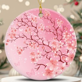 Cherry Blossom Christmas Ornaments 2024 Christmas Decorations, Ceramic Christmas Tree Ornaments Decoracion De Navidad 2024 Pink Xmas Decorations Gifts, Christmas Home Ideas Decor Keepsake Ornaments
