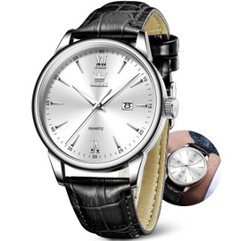 OLEVS Black Leather Band Watches for Men White Dial Mens Watches with Date Men Watches Waterproof Watches for Men Simple Watches Roman Numerals Mens Watches Mens Reloj para Hombre