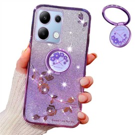 MRRSIWEI for Xiaomi Redmi Note 13 Pro 4G Case for Women Girls, Luxury Bling Glitter Sparkle Flowers Shockproof Case with Ring Stand for Xiaomi Redmi Note 13 Pro 4G / Poco M6 Pro 4G.Flowers Purple