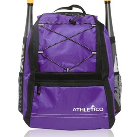 Athletico Youth Baseball Bag - Bat Backpack for Baseball, T-Ball & Softball Equipment & Gear | Holds Bat, Helmet, Glove | Fence Hook (Purple)