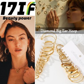 17IF - Juego de 12 pares de aretes de aro de oro para mujer, superficie lisa y gruesa, de moda, pequeños a grandes, paquete de orejas de perlas trenzadas ligeras, Cobre, No es una piedra preciosa