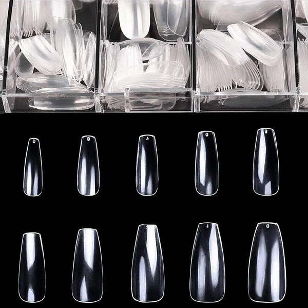 Clear Coffin Nails Fake Nails - Acrylic Nails Coffin Shaped Nail Tips BTArtbox 500 Pcs Ballerina False Nails with Case, 10 Sizes (Medium Ballerina)