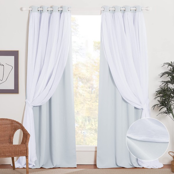 NICETOWN Double Layers Light Blocking Mix & Match Crushed Voile and Blackout Curtains with 4 Tie-Backs for Bedroom Window, Cortinas para Sala (Platinum, Set of 2, W52 x L72)