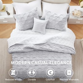 Comfort Spaces Comforter for King Size Bed, Ogee Ruched with Crinkle Texture, Breathable Comforter Set King, All Season Lightweight Bedding Set, Shams, Décor Pilow, King/Cal King Gray 4 Piece