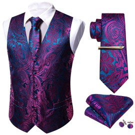 Barry.Wang Men Vest Set Paisley Floral Silk 5PCS Waistcoat Tie Handkerchief Cufflink Clip Casual Business Dress