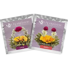 Teabloom Litchi & Peach Flowering Teas – Hand-Tied Flowering Tea Balls - Each Tea Blossom Can Be Used Multiple Times (2-Pack)