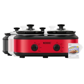KOOC Double Small Slow Cooker, Buffet Server and Warmer, 2 Mini Pots with 3 Individual Adjustable Temp, Dual Ceramic Pots, Free Liners for Easy Clean-up, Stainless Steel, Total 2.5 Quart, Red, Round