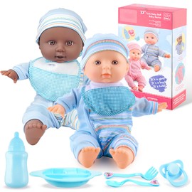 Toy Choi's Twin Baby Dolls - 30cm Two Soft Body Black and White Doll with Accessoires, Dolls Play Set for 2 3 4 5 Year Old Boys and Girls Gift | Blue Outfit Doll Set