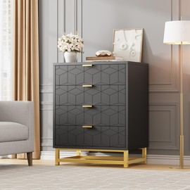 Black Dresser, 4 Drawer Dresser for Bedroom, Wood Chest of Drawers, Modern Dressers with Gold Metal Handles for Living Room, Hallway, Entryway