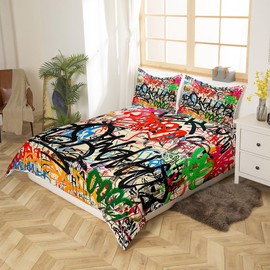Manfei Graffiti Duvet Cover Set Street Art Hip Hop Bedding Set 3pcs for Kids Boys Girls Modern Fashion Design Comforter Cover Microfiber Bedspread Cover with 2 Pillow Cases(No Comforter) Full Size