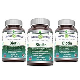 Amazing Formulas Biotin 10000mcg 200 Veggie Capsules Supplement | Non GMO | Gluten Free | Made in USA | Suitable for Vegetarians (Pack of 3)