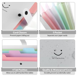 SKYDUE Expanding File Folder with 5 Pockets, Cute Accordion File Organizer, Letter Size Filing Folder, Portable Document Organizer, School Office Supplies Gray