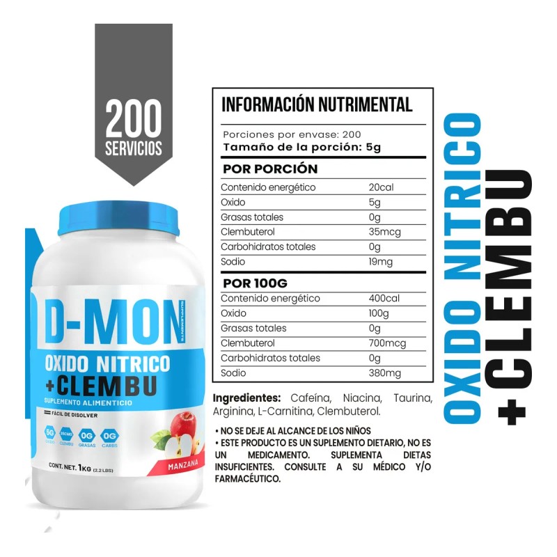 Óxido Nítrico + Clembuterol D-mon Protein 1kg Pre Entreno Manzana