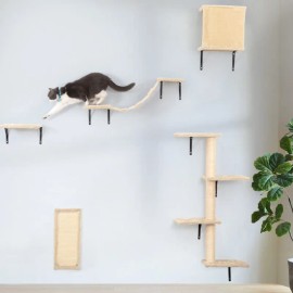 5 Pcs Wall Mounted Cat Climber Set, Floating Cat Shelves and Perches, Cat Activity Tree with Scratching Posts, Modern Cat FurnitSize: xl, Color: burlywood