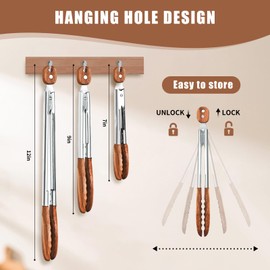 Wooden Tongs for Cooking Set of 3 (7",9",12") Natural Walnut Wooden kitchen Tongs for Grilling, Serving, BBQ and Tossing Salad etc | Ergonomic Stainless Steel Non-Slip Grip, Heat Resistant, Pull Lock