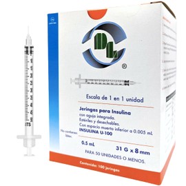 DL Jeringas para insulina 0.5 mL aguja 31G X 8mm, caja con 100 piezas