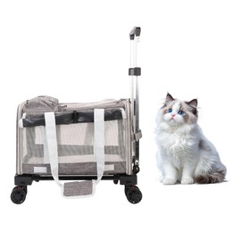 Pet Carrier with Wheels - Soft-Side Wheeled Cat Carrier for Dogs with Telescopic Handle, Collapsible Rolling Pet Travel Bag Carrier for Large Cats Small Medium Dogs for Camping Vet Visiting Grey
