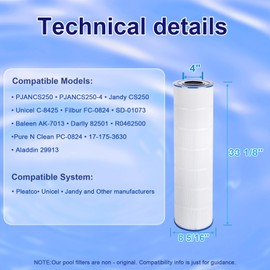 Dropdora Upgrade Pool Filter Compatible with Jandy CS250, R0462500, PJANCS250, Unicel C-8418, C-8425, Filbur FC-0824, 250 Sq. Ft, L x OD: 33 1/8" x 8 15/16", 1 Pack