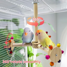 La La Pet Spinning Parrot Perch Stand Rotating Wood Windmill Hanging Perch Roller with Colorful Beads Funny Birdcage Toys for Conures Parrots Parakeets