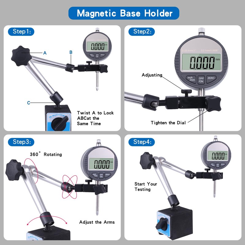 Electronic Digital Dial Indicator with Magnetic Base Holder Fine Adjustable