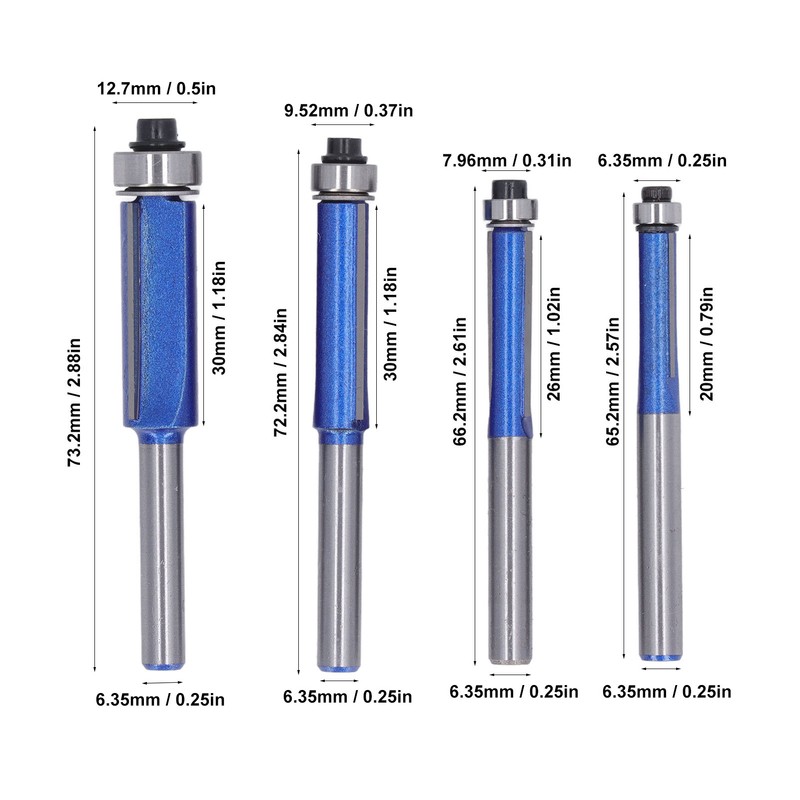 4 Pcs Flush Trim Router Bit 1/4 Shank Tungsten Steel