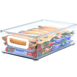 Youngever 2 Pack Stackable Plastic Storage Organizer Container Bins with Lids, Stackable Storage Bins with Handler for Refrigerator, Pantry (10" x 6" x 3")