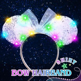 JONKY Light Up Mouse Ears Headband Sequin Princess Hair Bow Costume Hair Accessories for Women and Girls (White, one size)