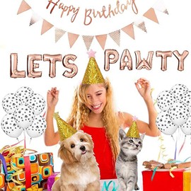 Esweny Dog Cat Birthday Party Supplies,Dog Cat Party Decorations,Lets Pawty Balloons Dog Cat Birthday Hat, Happy Birthday Banner Foil Balloons Pet Party Decoration