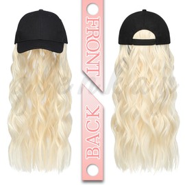 Qlenkay Baseball Hat Wig 24in Long Curly Wavy Extensions Synthetic Hairpiece Adjustable Cap Attached 2B Wave Hair for Women Bleach Blonde