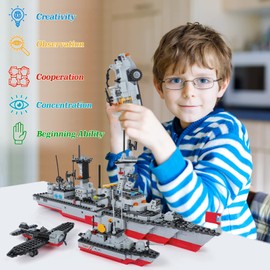 1296 Pieces Aircraft Carrier Building Blocks Set, Military Warship Battleship Building kit with Airplane, Patrol Boat, Army Car, Tank, Creative Roleplay Ship Gift Toys for Kids Boys Girls 6-12 Years