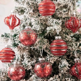 9Pcs Christmas Ball Ornaments Set, Clear Glitter Hanging Decorations, Shatterproof Baubles for Christmas Home Decoration (Red, One Size)