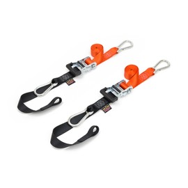 PowerTye 1.5in x 6.5ft Heavy Duty Ratchet Tie-Down Straps with Soft-Tye, Carabiner Hooks - 1,000 lb Working Load Limit / 3,000 lb Breaking Strength - Made in USA - Orange/Black Pair + Storage Bag