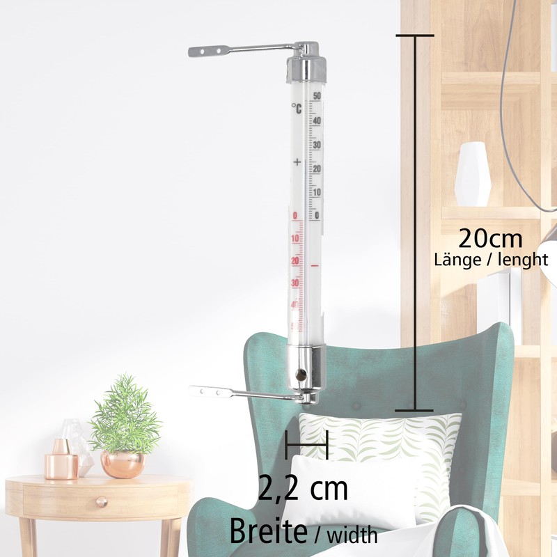 Lantelme Wiener Window Thermometer, Glass, Chrome-Plated Metal, Long 20 cm