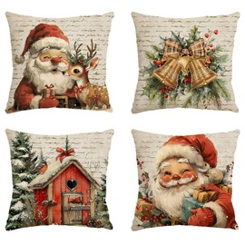 Avezano Christmas Santa Claus Cushion Covers 45 x 45 cm Retro Santa Claus Cushion Covers Christmas Deer Throw Pillow Covers for Sofa Couch Bed Home Decorations Set of 4
