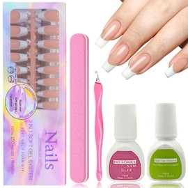 Virellay Pack of 150 Ballerina Press on Nails French, Nude Artificial Nails for Sticking, French with 2 Glue, Long Fake Nails French for Women DIY (Nude Square French, 150 Pieces)