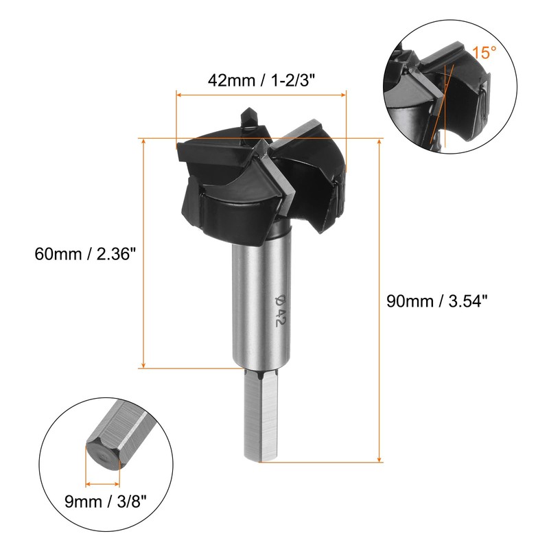 sourcing map Forstner Drill Bit 42mm (1-2/3") Tungsten Carbide 3